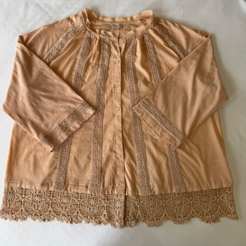 Peach Cotton Crochet Lace Trim Button Front Top‎ Sz L LOGO Lavish Lori Goldstein
